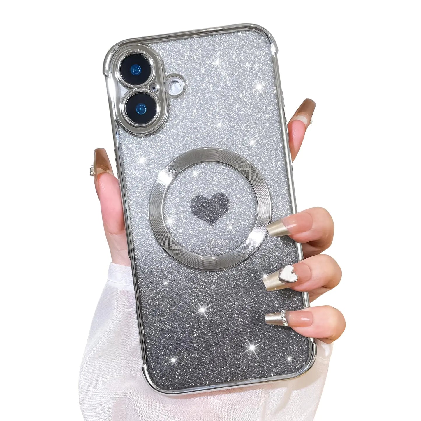 Bonoma Magnetic Glitter for iPhone 16 Plus [ Compatible with MagSafe ], Luxury Love Heart Pattern Plating Bling Clear Case,Camera Protection Sparkly Slim Soft Back Cover for Women Girls,Silver