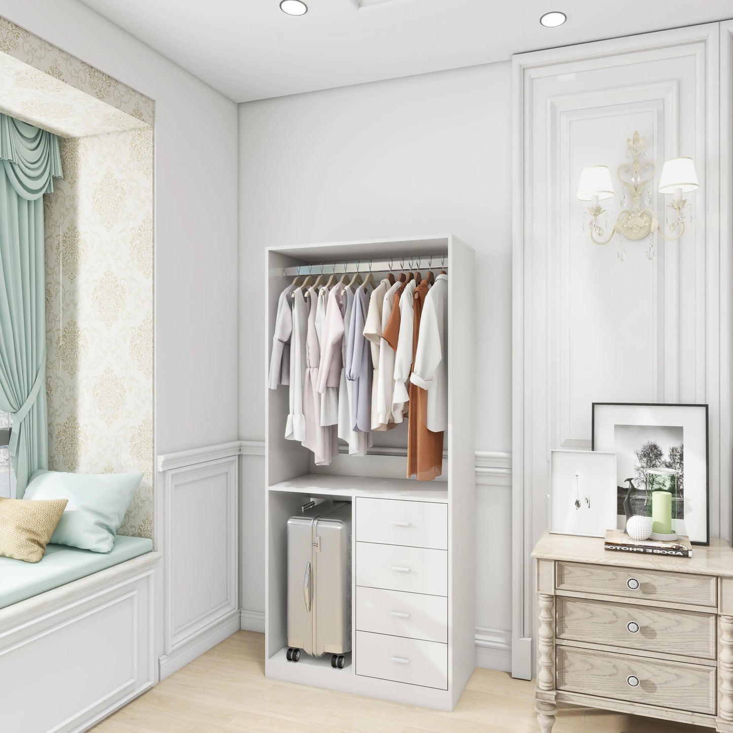 White Wood Closet System Storage Stand-Alone Wardrobe with 4 Drawers Closet Organizer Armoires and Wardrobeswith Hanging Rod 31.5"W x 15.7"D x 70.8"H