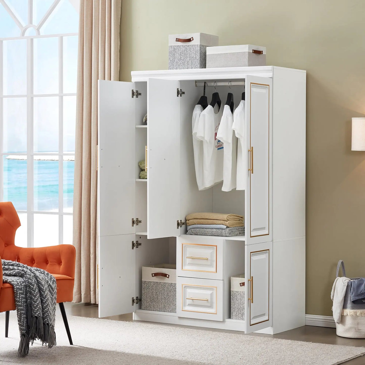 YG-5 Armoire Wardrobe  74" H 3 Doors 2 Drawers White Bedroom Wardrobe Armoire Closet Freestanding Clothes Storage Armoire Organizer with Hanging Rod Shelves Clothes Cabinet for Bathrooms Clothes Storage