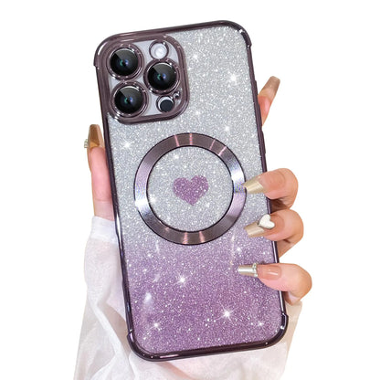 Bonoma Magnetic Glitter for iPhone 16 Plus [ Compatible with MagSafe ], Luxury Love Heart Pattern Plating Bling Clear Case,Camera Protection Sparkly Slim Soft Back Cover for Women Girls,Silver