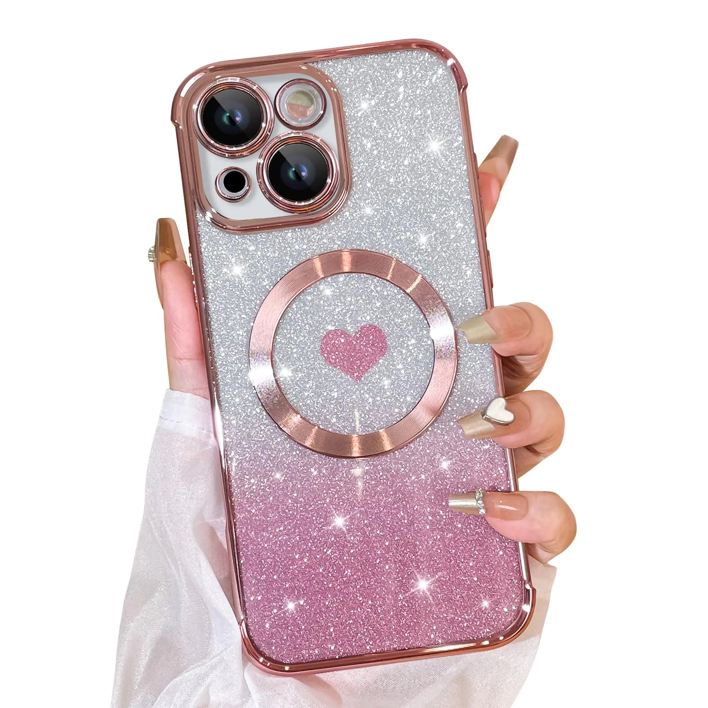 Bonoma Magnetic Glitter for iPhone 16 Plus [ Compatible with MagSafe ], Luxury Love Heart Pattern Plating Bling Clear Case,Camera Protection Sparkly Slim Soft Back Cover for Women Girls,Silver