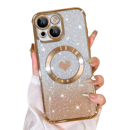 Bonoma Magnetic Glitter for iPhone 16 Plus [ Compatible with MagSafe ], Luxury Love Heart Pattern Plating Bling Clear Case,Camera Protection Sparkly Slim Soft Back Cover for Women Girls,Silver