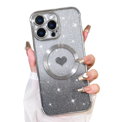 Bonoma Magnetic Glitter for iPhone 16 Plus [ Compatible with MagSafe ], Luxury Love Heart Pattern Plating Bling Clear Case,Camera Protection Sparkly Slim Soft Back Cover for Women Girls,Silver