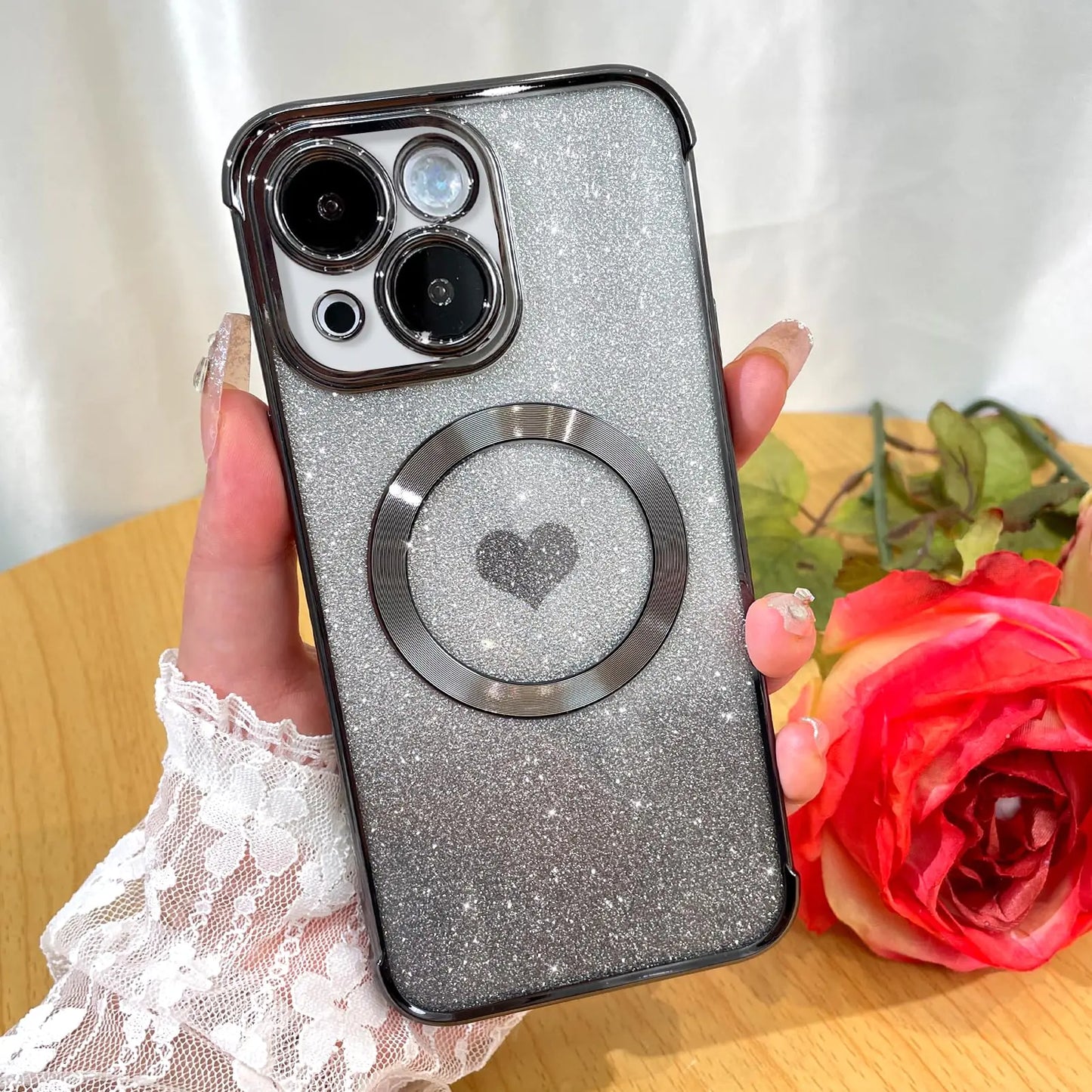 Bonoma Magnetic Glitter for iPhone 16 Plus [ Compatible with MagSafe ], Luxury Love Heart Pattern Plating Bling Clear Case,Camera Protection Sparkly Slim Soft Back Cover for Women Girls,Silver