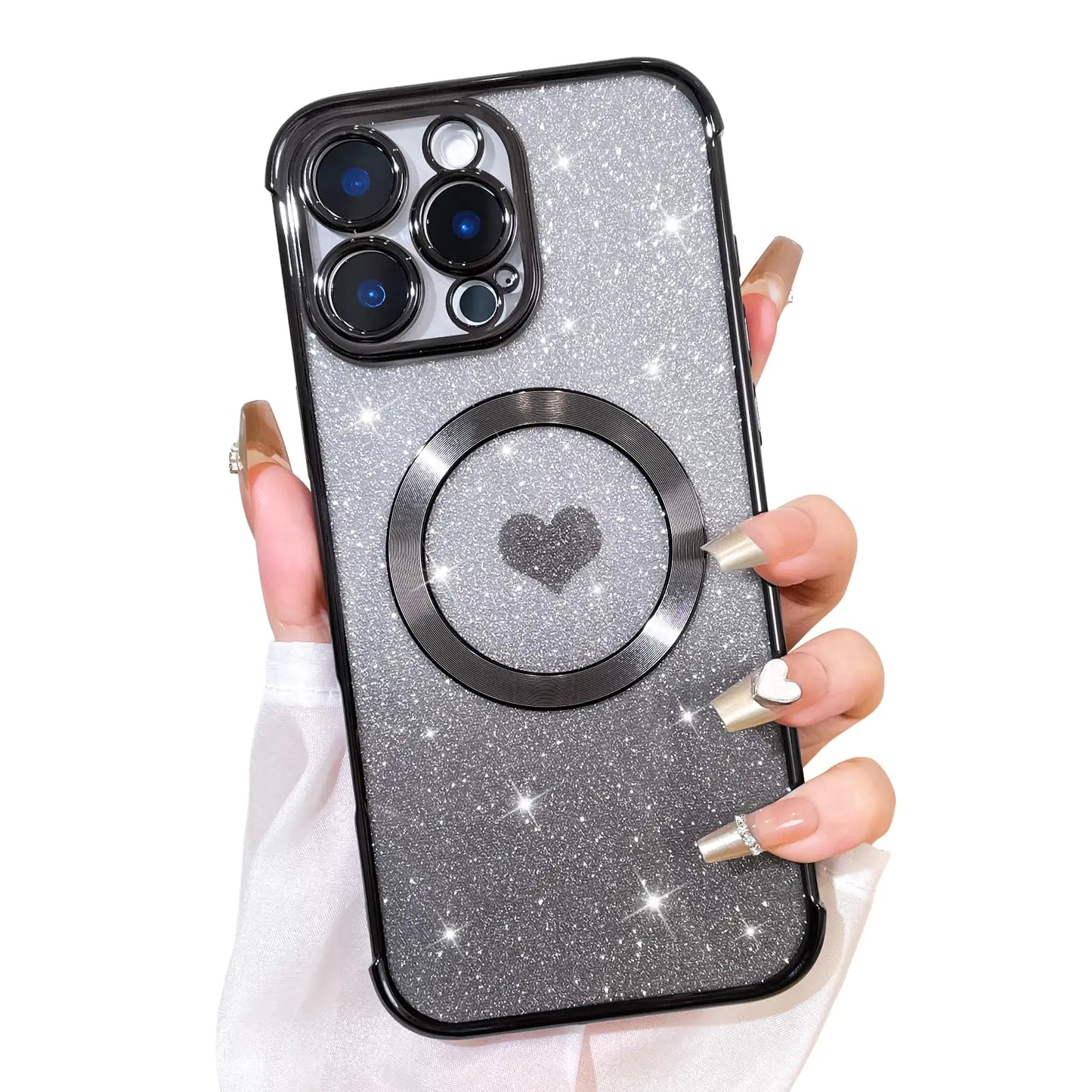 Bonoma Magnetic Glitter for iPhone 16 Plus [ Compatible with MagSafe ], Luxury Love Heart Pattern Plating Bling Clear Case,Camera Protection Sparkly Slim Soft Back Cover for Women Girls,Silver