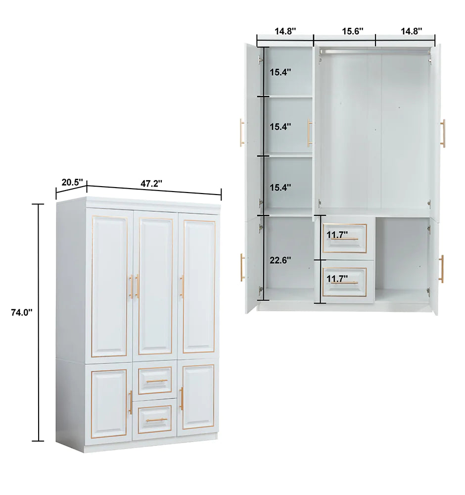 YG-5 Armoire Wardrobe  74" H 3 Doors 2 Drawers White Bedroom Wardrobe Armoire Closet Freestanding Clothes Storage Armoire Organizer with Hanging Rod Shelves Clothes Cabinet for Bathrooms Clothes Storage