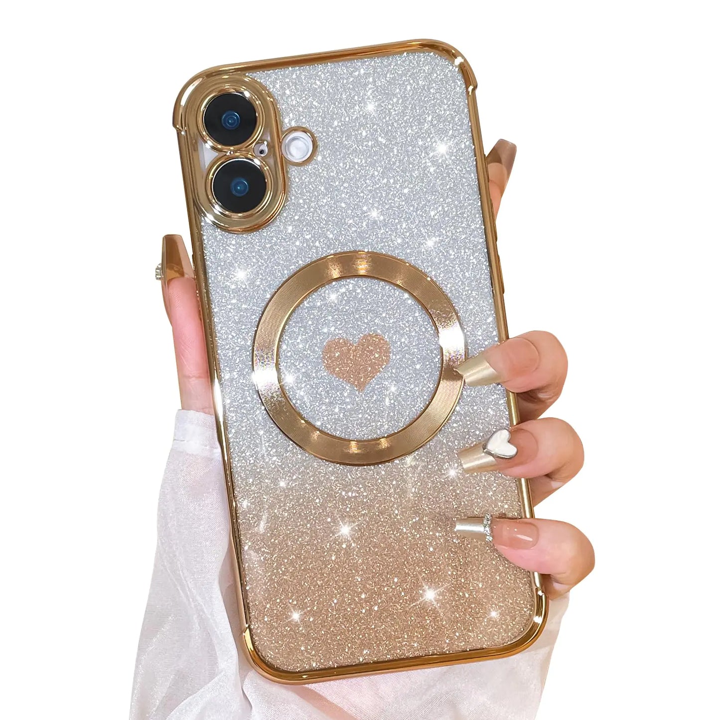 Bonoma Magnetic Glitter for iPhone 16 Plus [ Compatible with MagSafe ], Luxury Love Heart Pattern Plating Bling Clear Case,Camera Protection Sparkly Slim Soft Back Cover for Women Girls,Silver