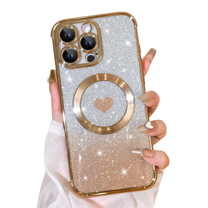 Bonoma Magnetic Glitter for iPhone 16 Plus [ Compatible with MagSafe ], Luxury Love Heart Pattern Plating Bling Clear Case,Camera Protection Sparkly Slim Soft Back Cover for Women Girls,Silver