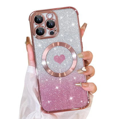 Bonoma Magnetic Glitter for iPhone 16 Plus [ Compatible with MagSafe ], Luxury Love Heart Pattern Plating Bling Clear Case,Camera Protection Sparkly Slim Soft Back Cover for Women Girls,Silver