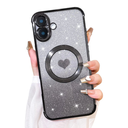 Bonoma Magnetic Glitter for iPhone 16 Plus [ Compatible with MagSafe ], Luxury Love Heart Pattern Plating Bling Clear Case,Camera Protection Sparkly Slim Soft Back Cover for Women Girls,Silver