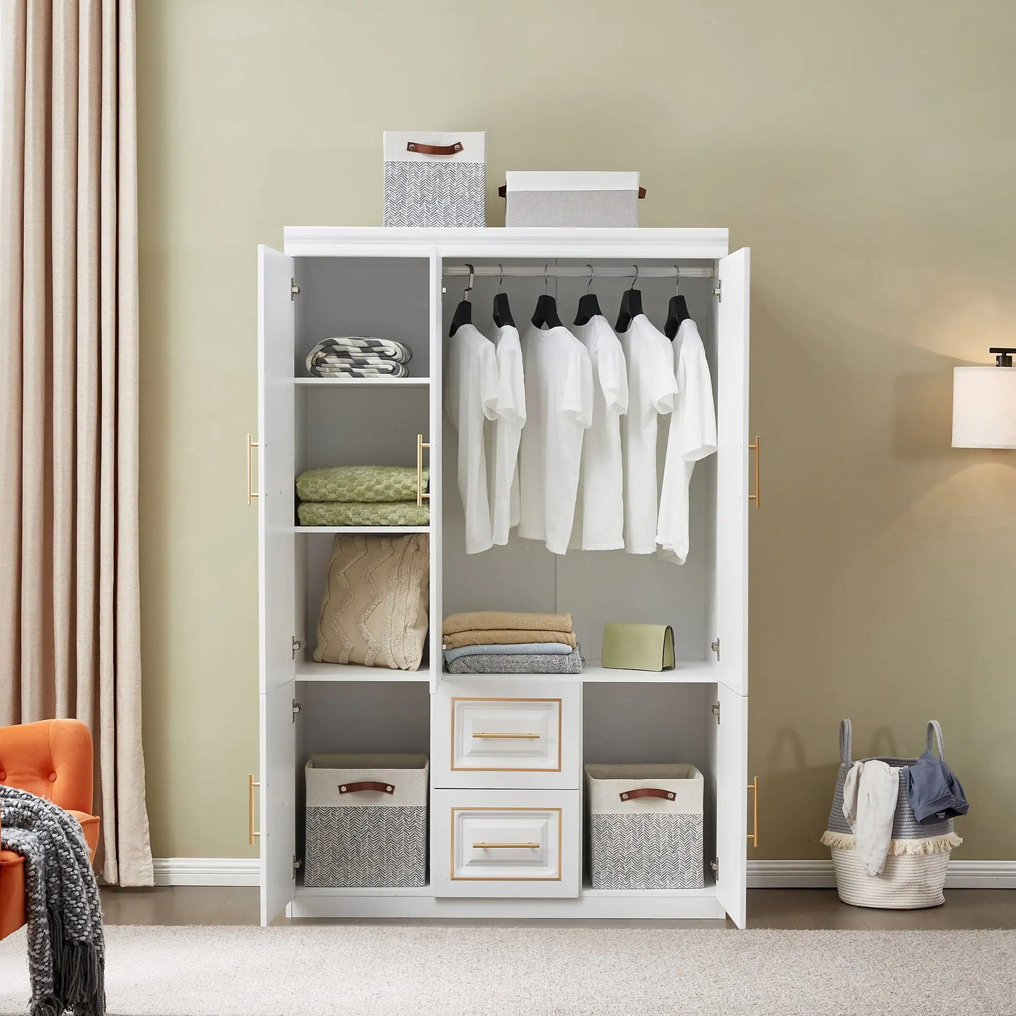 YG-5 Armoire Wardrobe  74" H 3 Doors 2 Drawers White Bedroom Wardrobe Armoire Closet Freestanding Clothes Storage Armoire Organizer with Hanging Rod Shelves Clothes Cabinet for Bathrooms Clothes Storage