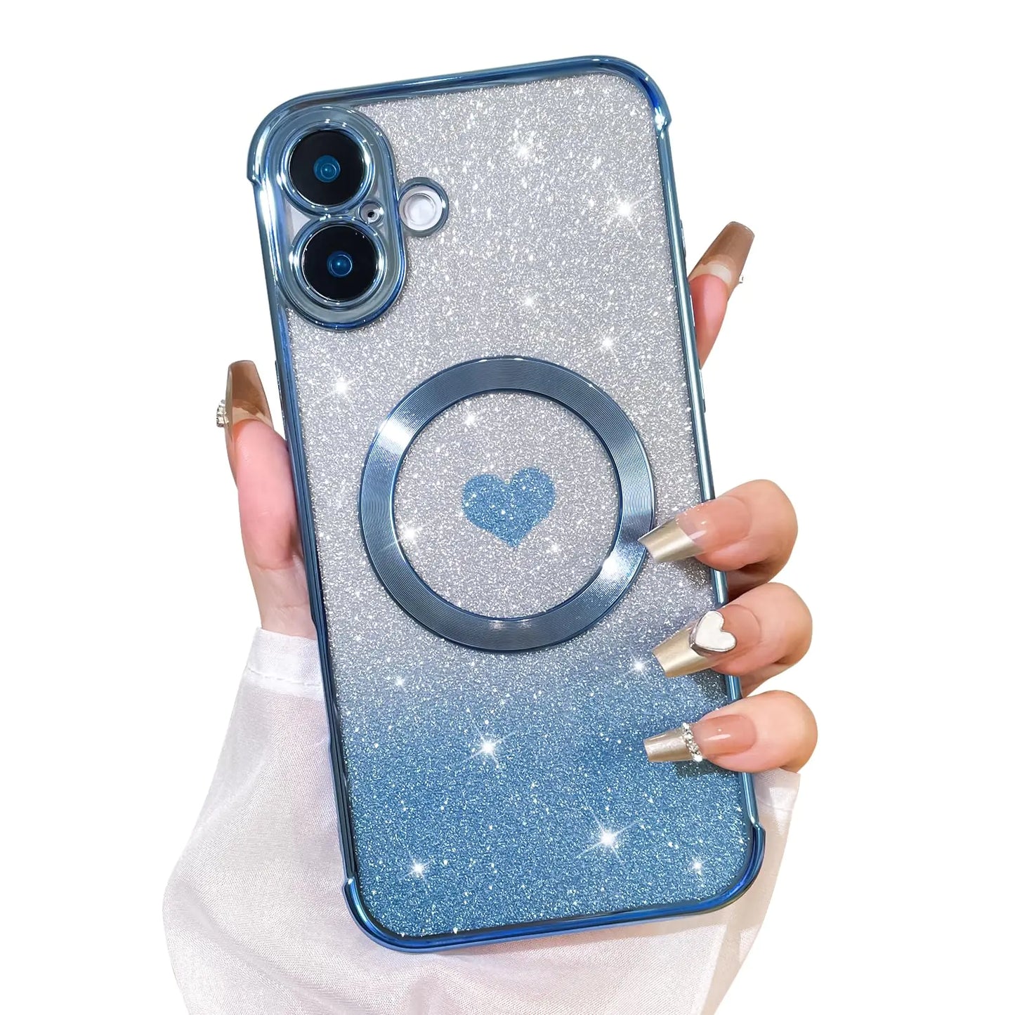 Bonoma Magnetic Glitter for iPhone 16 Plus [ Compatible with MagSafe ], Luxury Love Heart Pattern Plating Bling Clear Case,Camera Protection Sparkly Slim Soft Back Cover for Women Girls,Silver