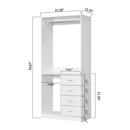 White Wood Closet System Storage Stand-Alone Wardrobe with 4 Drawers Closet Organizer Armoires and Wardrobeswith Hanging Rod 31.5"W x 15.7"D x 70.8"H