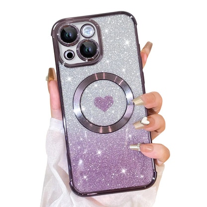 Bonoma Magnetic Glitter for iPhone 16 Plus [ Compatible with MagSafe ], Luxury Love Heart Pattern Plating Bling Clear Case,Camera Protection Sparkly Slim Soft Back Cover for Women Girls,Silver