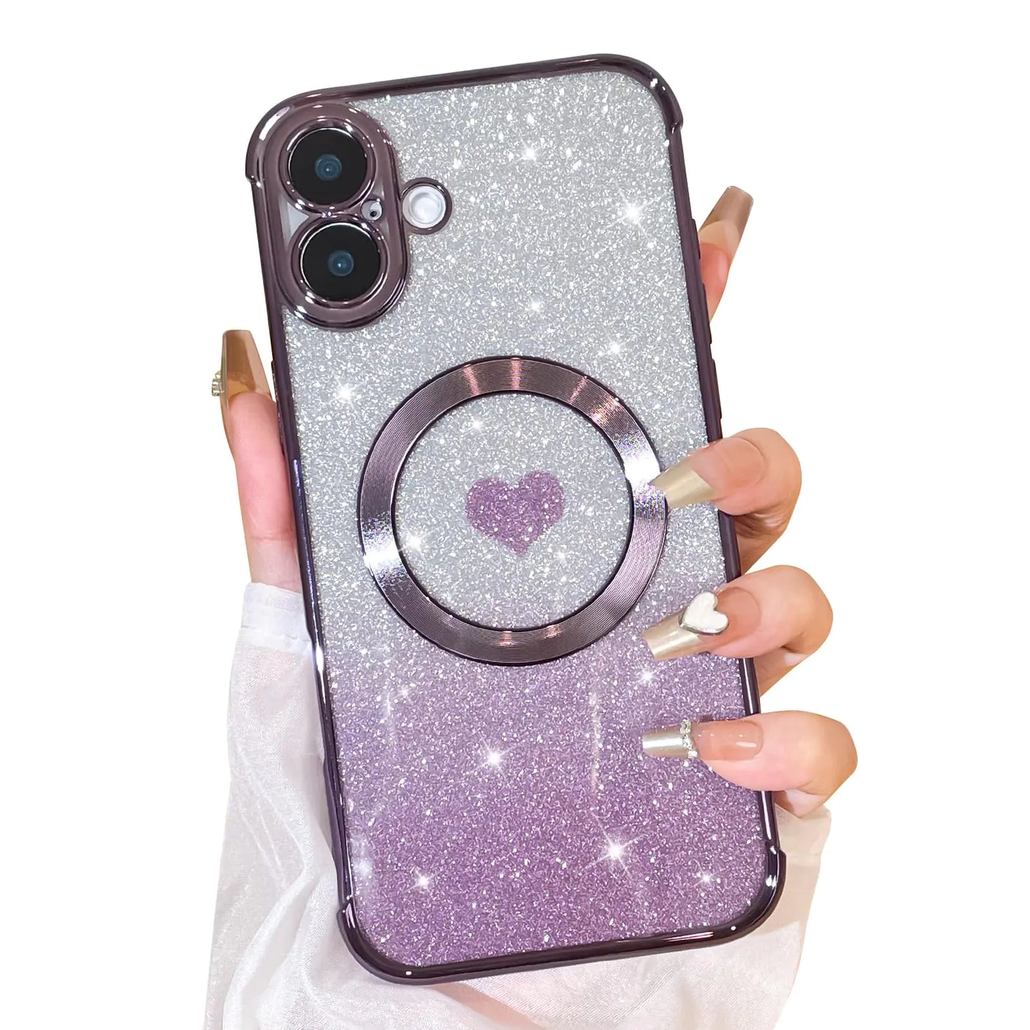 Bonoma Magnetic Glitter for iPhone 16 Plus [ Compatible with MagSafe ], Luxury Love Heart Pattern Plating Bling Clear Case,Camera Protection Sparkly Slim Soft Back Cover for Women Girls,Silver